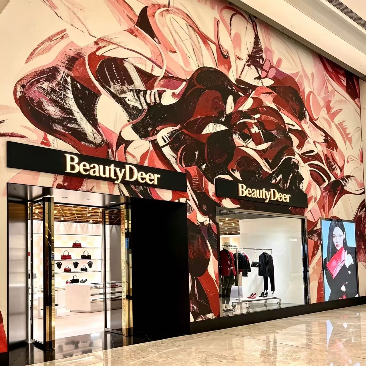 BeautyDeer mural and twin storefronts