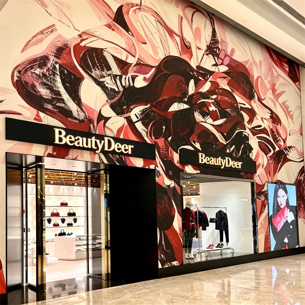 BeautyDeer storefront concept with a red abstract mural